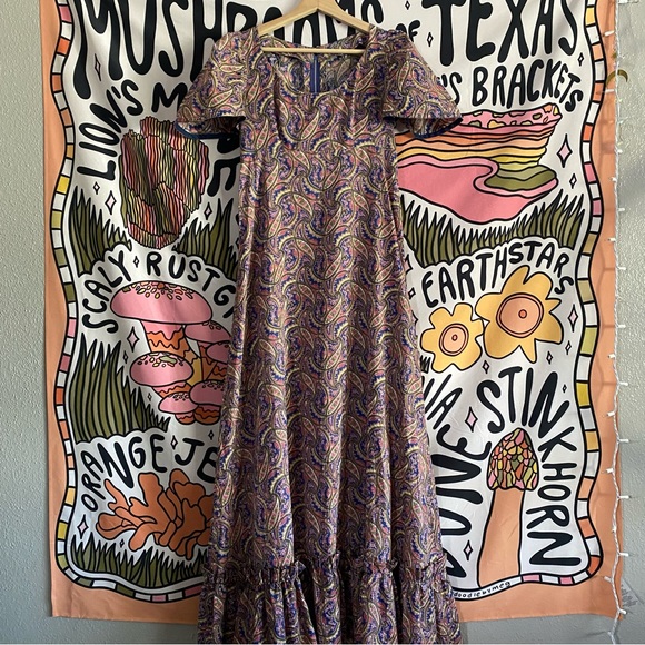 FRED ROTHECHILD, vintage 1970s maxi dress, micro pleated skirt, neon op art paisley, casual day hippie boho dress